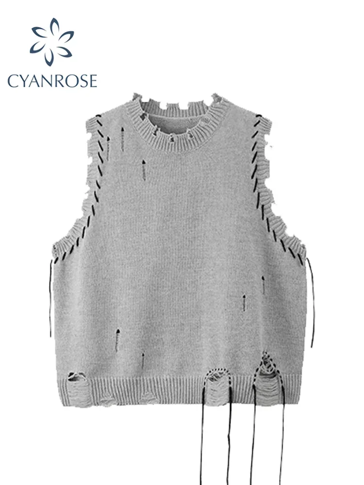 

Knitted Sweater Vests For Women O-Neck Oversized Pullovers Loose Thicken Jumper Female Casual Ripped Hole Sweaters Spring New