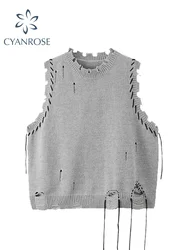 Knitted Sweater Vests For Women O-Neck Oversized Pullovers Loose Thicken Jumper Female Casual Ripped Hole Sweaters Spring New