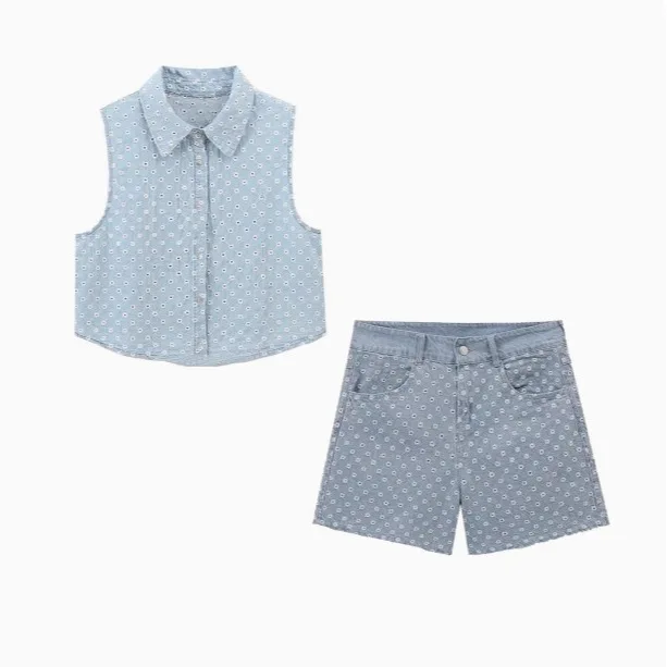 

Хлопковая рубашка с вышивкой в стиле ретро, блузка, женские топы на бретелях, летний короткий комплект из двух предметов, джинсовая рубашка без рукавов, короткий топ