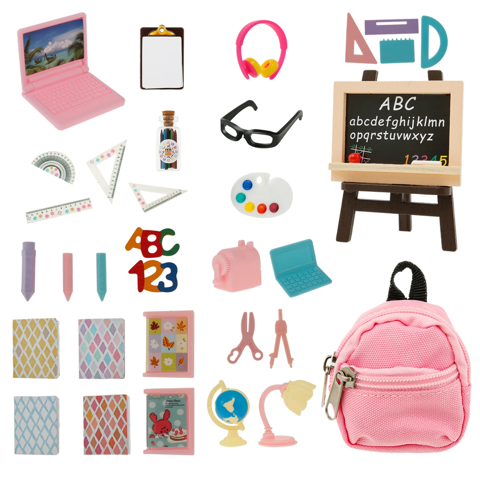 

Набор из 34 предметов: милые школьные принадлежности для кукол, мини-канцелярский набор для кукольного домика, имитация школьного рюкзака из холста, учебные принадлежности для кукол