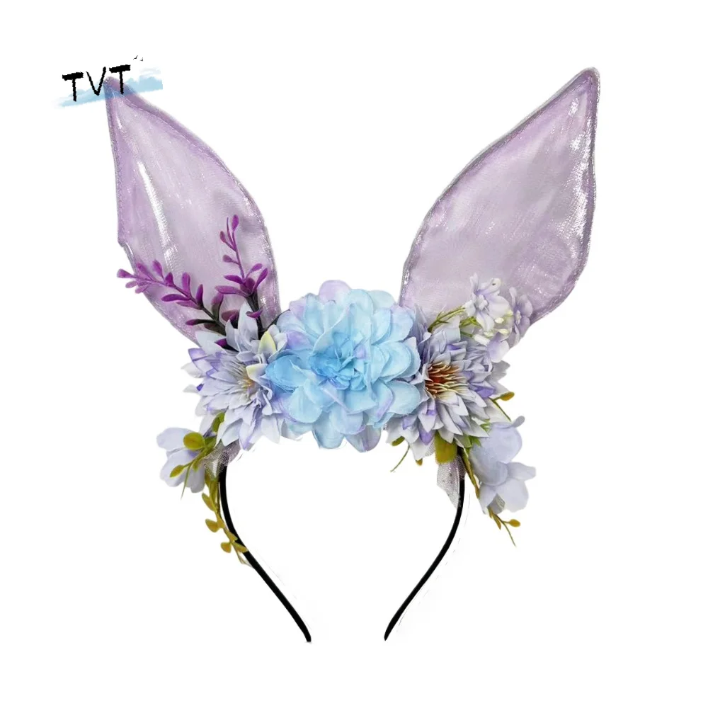 

Повязка на голову с кроличьими ушками и цветами, красочный пасхальный головной убор, милый аксессуар для фотосессий, обруч для волос с ушками кролика, сувениры для вечеринок
