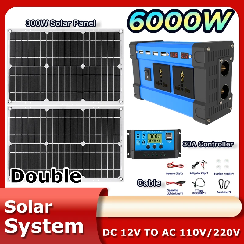 2*300W solar kit complete panel 6000w 220v Inverter Portable Outdoor Power Solar System Kit solar 30A Controller Car Camping RV