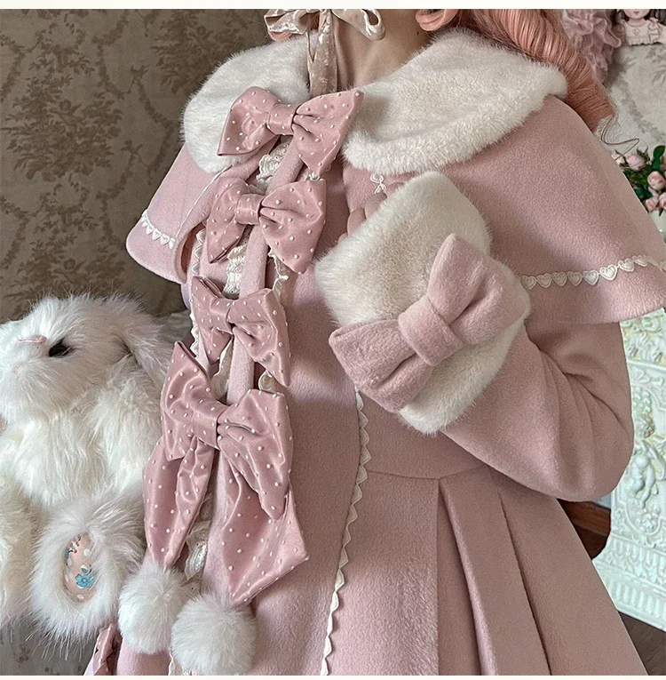 Original Design Lolita Sweet Overcoats Women's Japanese Cute Pink Long Coat Long-Sleeved Single-Breasted Jacket Women's Clothing