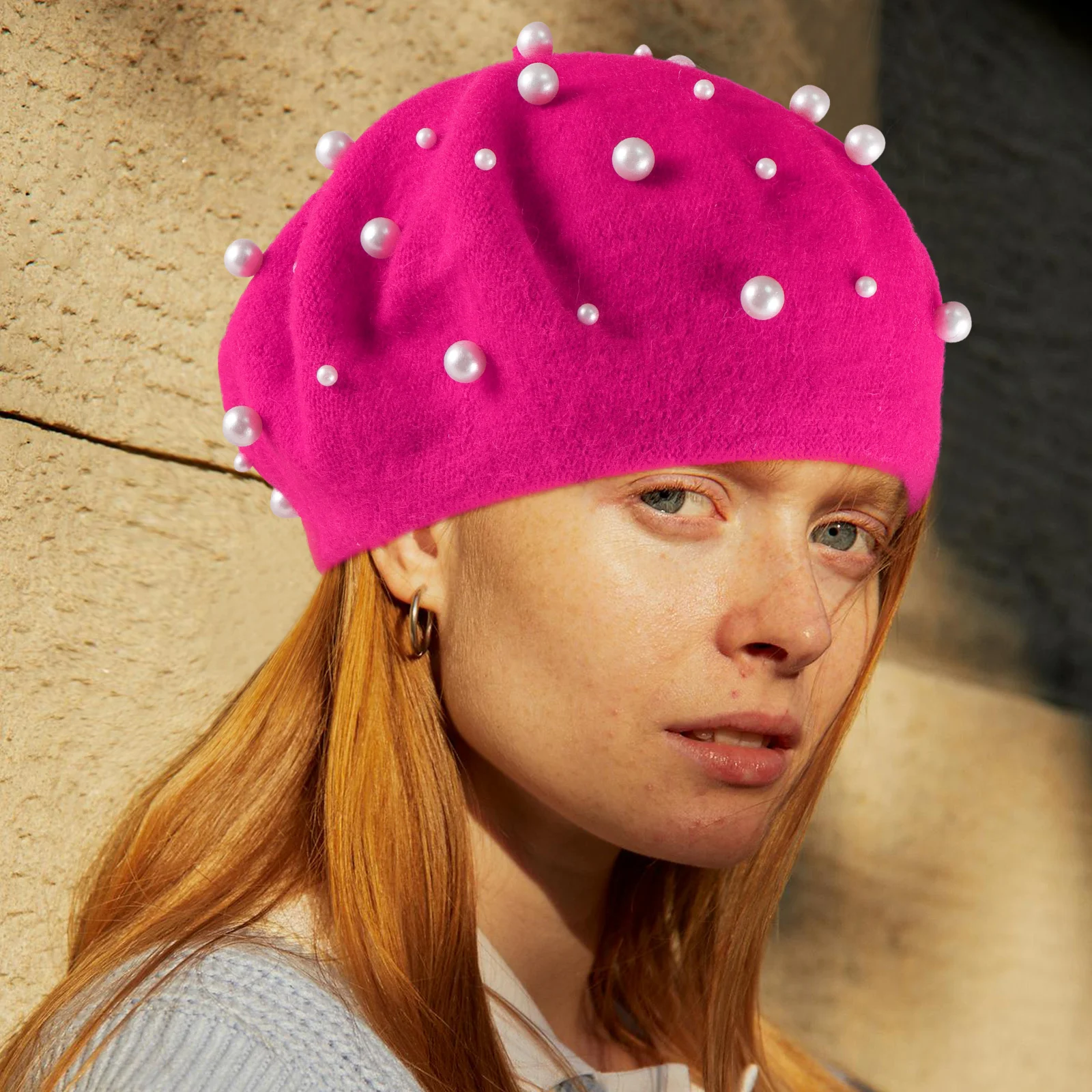 

Pearl Beret for Women Luxurious Cashmere Beanie Hats Decorative Beaded French Winter Warm Foldable Stylish
