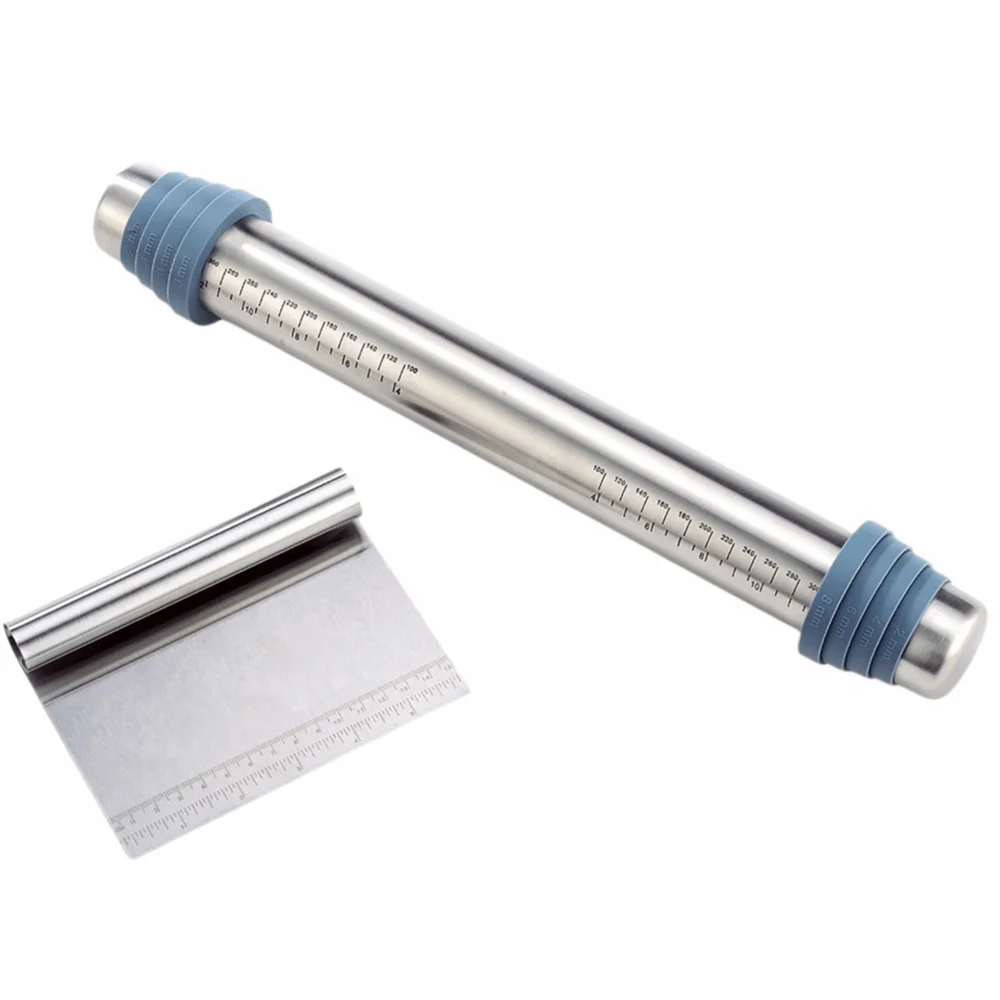 Stainless Steel Silicone Rolling Pin 4 Detachable Rings Silver Dough Scraper Non Stick Heat Resist Baking Mat Pizza Preparation