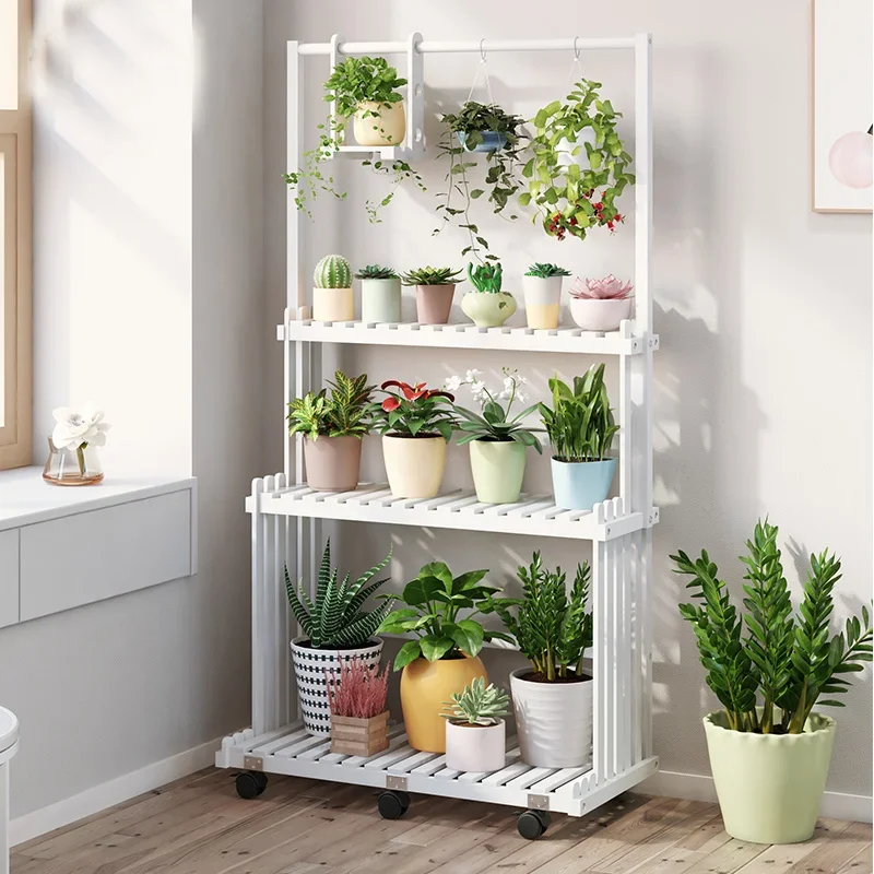 Floor Solid Wood Shelf for Flowers with Wheel Balcony Hanging Crane Plant Shelves Succulent Storage Rack Can Be Moved