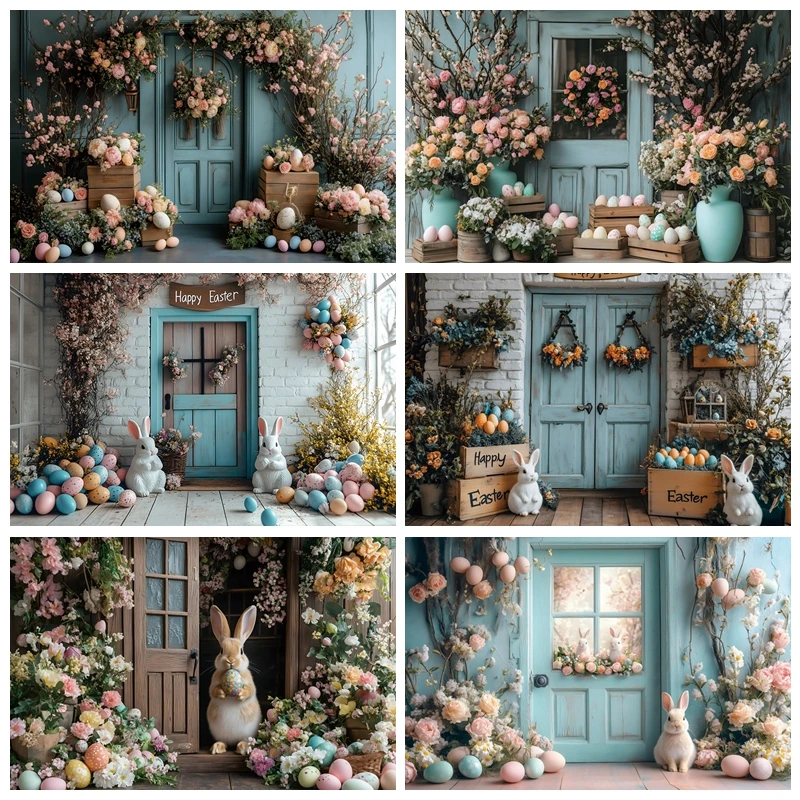 

Easter Photography Backdrop Easter Egg Rabbit Blue Wooden Door Blooming Flowers And Plants Kids Party Decor Photography Studio