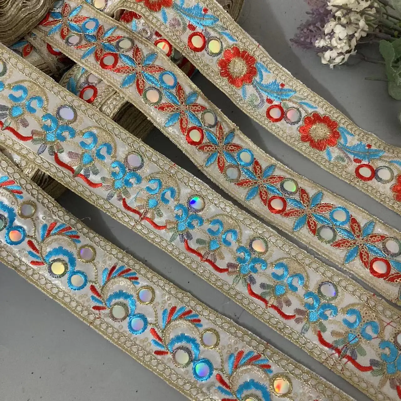 1 Yards New 4.3CM Ethnic Minority Clothing Embroidery Lace Ribbon Fabric Dress Trim Wedding Craft Sewing Curtain Accessories