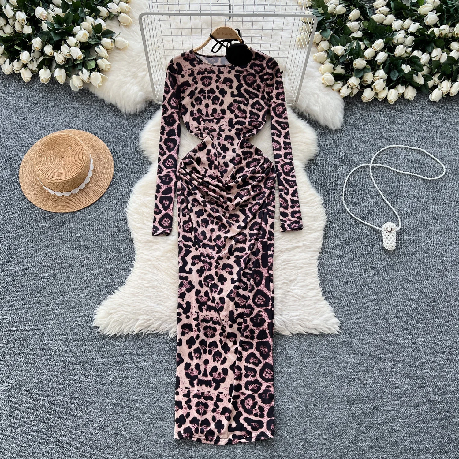 Elegant O-neck Halter Floral Vintage Long Sleeve Chic Leopard Slim Pleated Dresses French Evening High Street Autumn Clothing