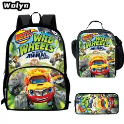 Juego de 3 piezas de Anime Blaze and the Monster Machines, mochila con fiambreras, estuche para lápices, Bolsa Escolar de dibujos animados para niños, niñas y estudiantes