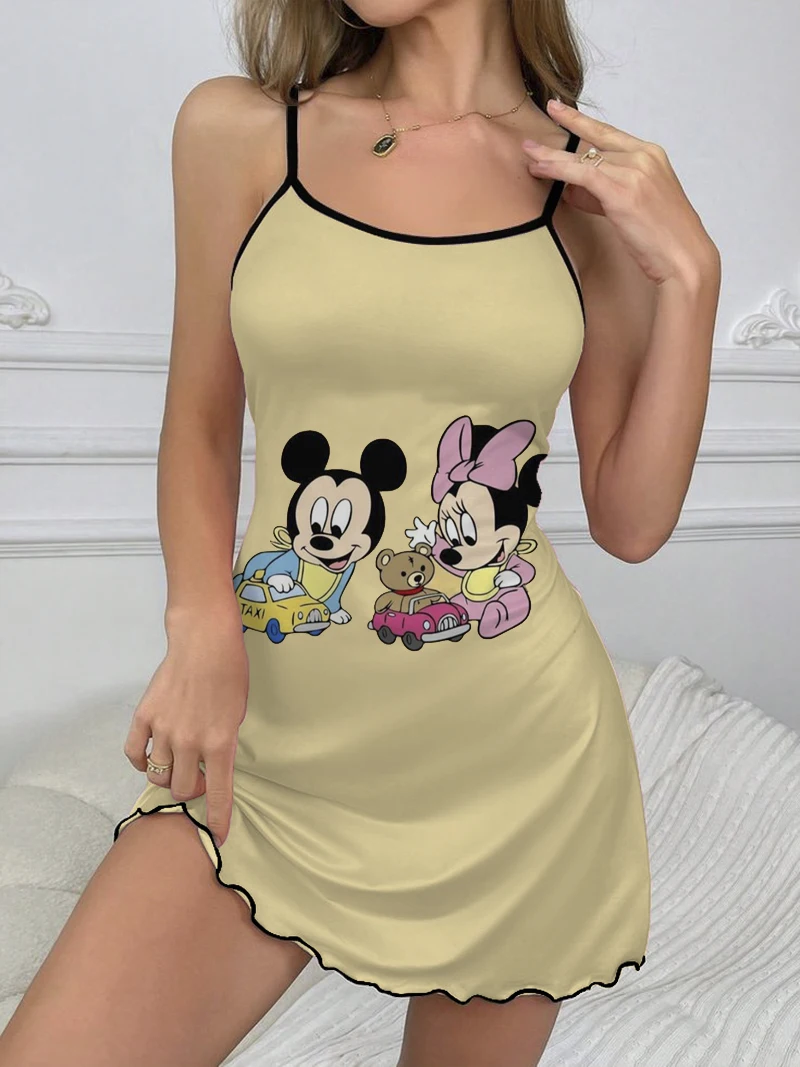 Vestido corto de Mickey Mouse con cuello redondo para mujer, minivestido elegante con ribete de lechuga, falda de pijama de Minnie Mouse, moda de verano, 2024