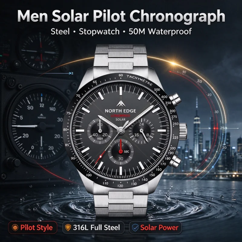 NORTH EDGE New LONGWINGS Men Quartz Watch Solar Powered Stopwatch Waterproof 50M 316 Full Stainless Steel Luminous Pilot Watch