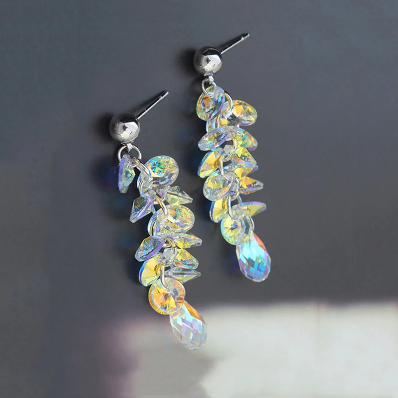 Luxury Tassel Beads Drop Earrings Long Chain Crystals From Austria Silver Color Ear decoration For Women Wedding Piercing