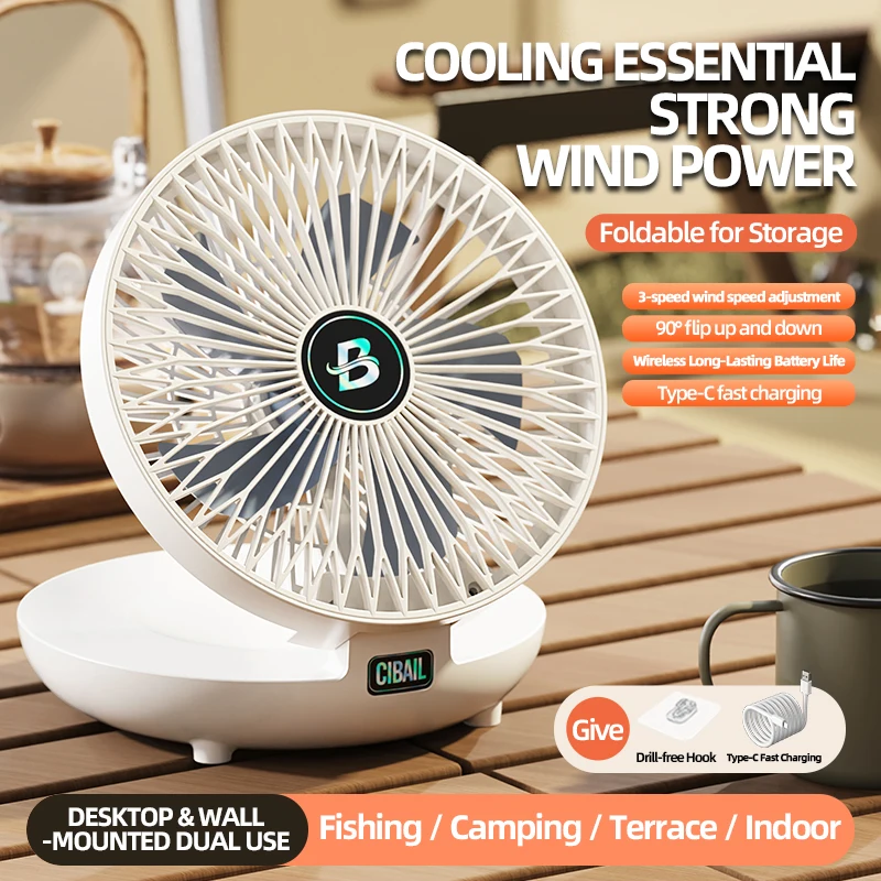 Foldable Wall Mount Desktop Fan 3 Speeds Rechargeable USB Type-C Small Cooling Fan 1200mAh Battery Silent Hanging Fan Kitchen
