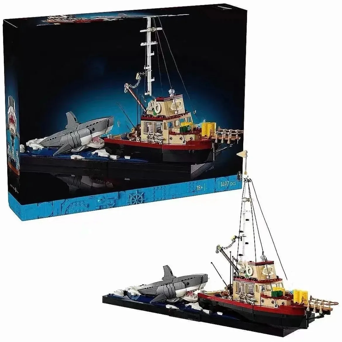 Miniso Disney Legoing 21350 Jaws Diorama Boat Shark Pirate Ship Building Blocks Fishing Boat Model Bricks Toys  Gift For Kid