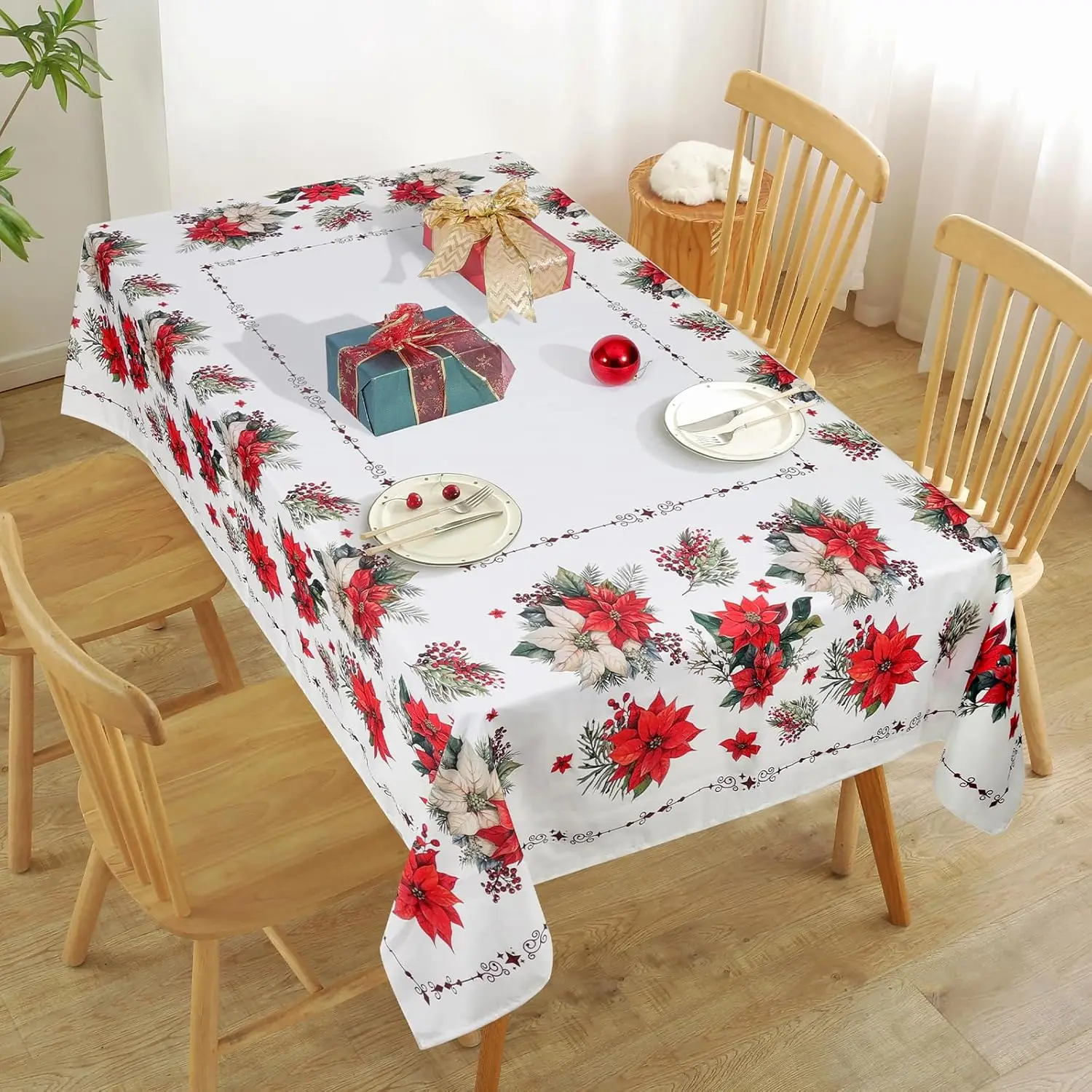 Mantel impermeable de Poinsettia de Navidad, decoración de fiesta de año nuevo, mantel rectangular lavable, Decoración de mesa