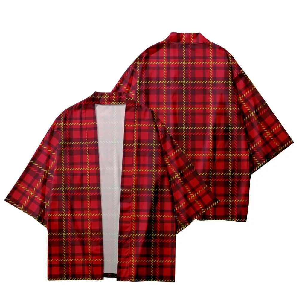 Japanese Kimono for Men/Women Harajuku Plaid Pattern Traditional Yukata Short Sleeve Beach Shirt Summer Bathrobe Samurai Kimono