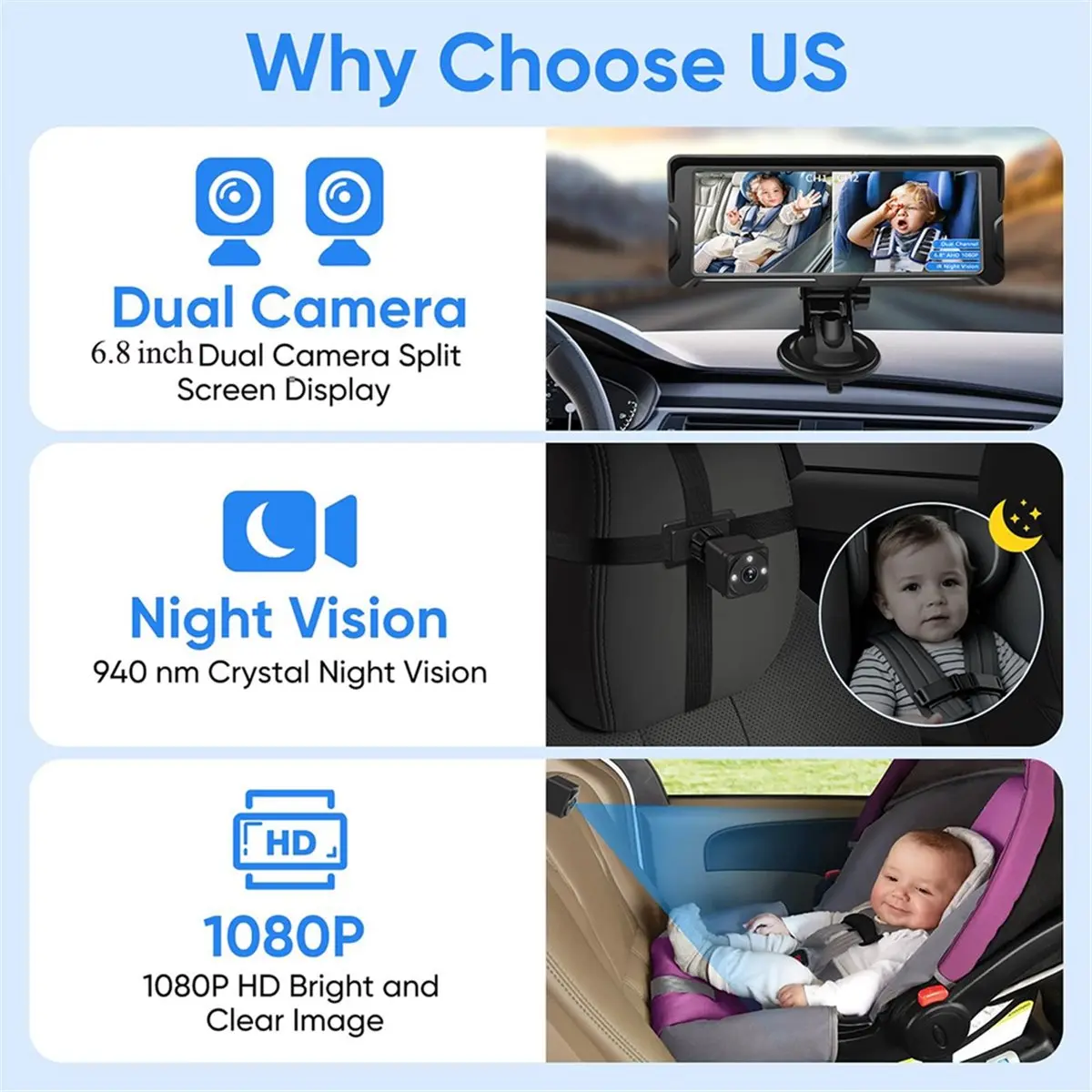 “QUALITY EXCELLE“Car Baby Mirror Camera Dual Channel 6.8inch 1080P Display with 2 IR Night Vision Camera Automotive Baby Camera