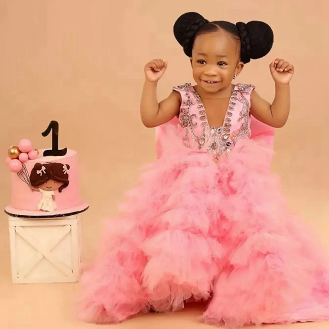 Vestido de niña de flores rosa con cuello en V RehinestonesTiered de tul con volantes Vestidos de baile Vestido de niña de flores Vestidos para niñas Vestido para hija y madre