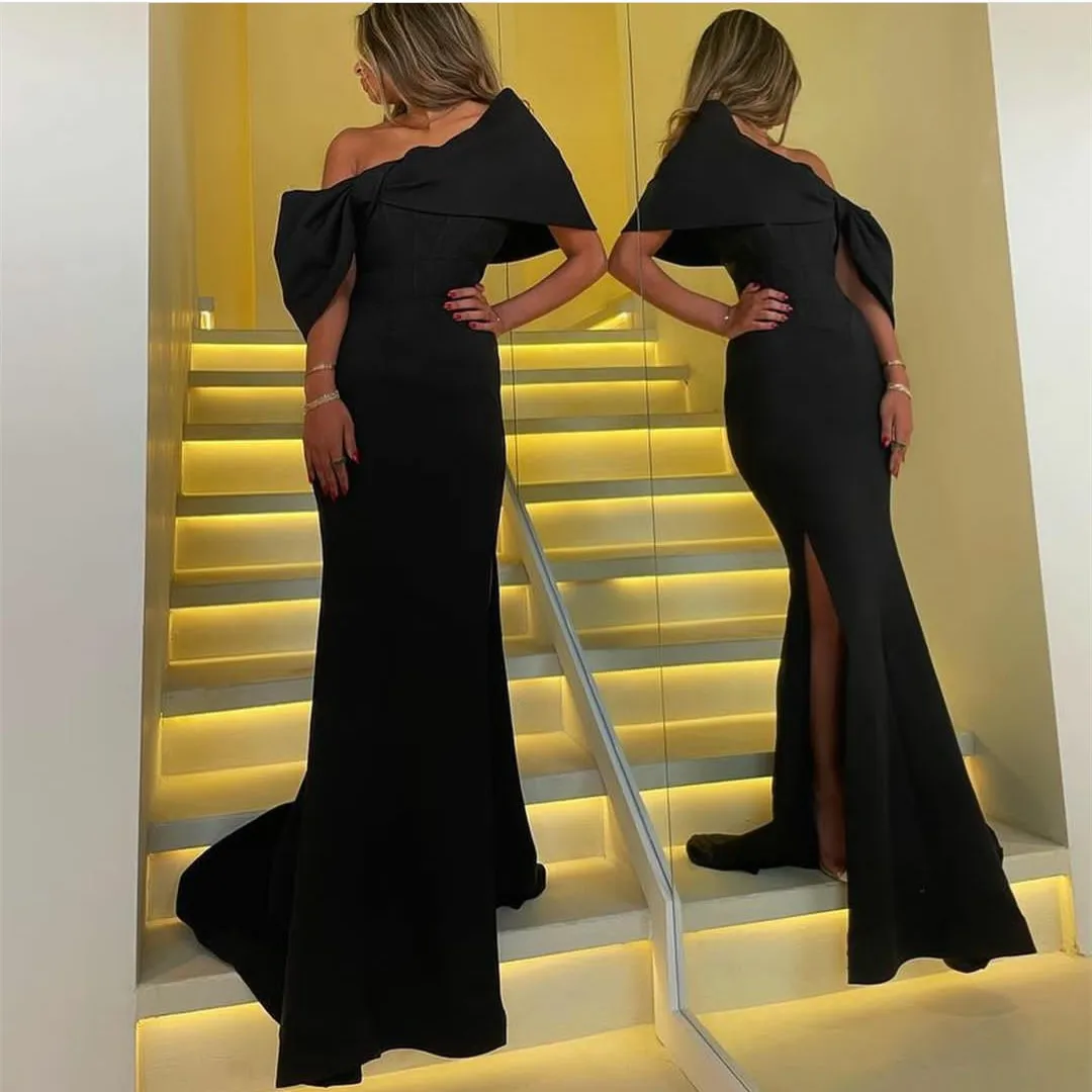 

Elegant Long Crepe Black Evening Dresses Mermaid Off Shoulder Sweep Train Zipper Robe De Mariée Party Gown For Women