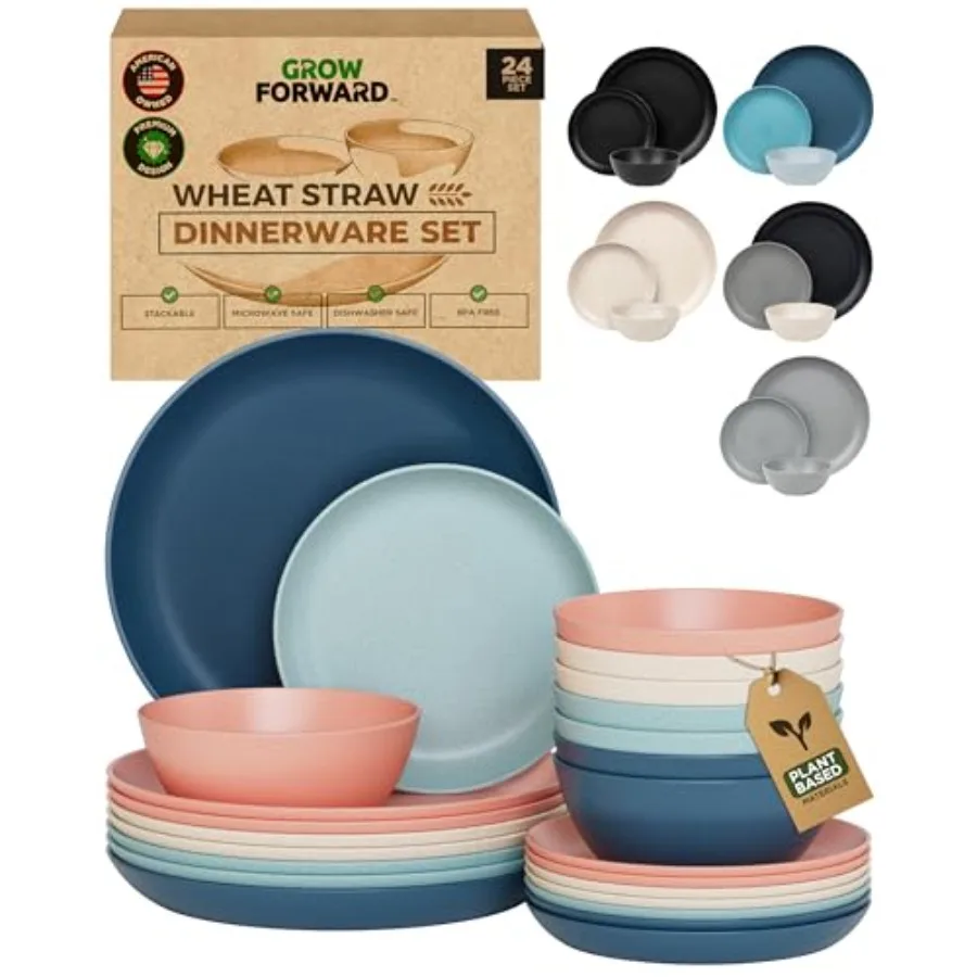 24-piece Premium Wheat Straw Dinnerware Sets for 8 - Unbreakable Dishwasher and Microwave Safe Plastic Plates and Bowls Sets -
