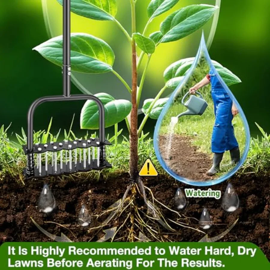 スプリングベースと14本のスチールスパイクを備えた手動芝生エアレーターツール、自動で土や落ち葉を取り除き、Yでの土壌の緩めに最適です。