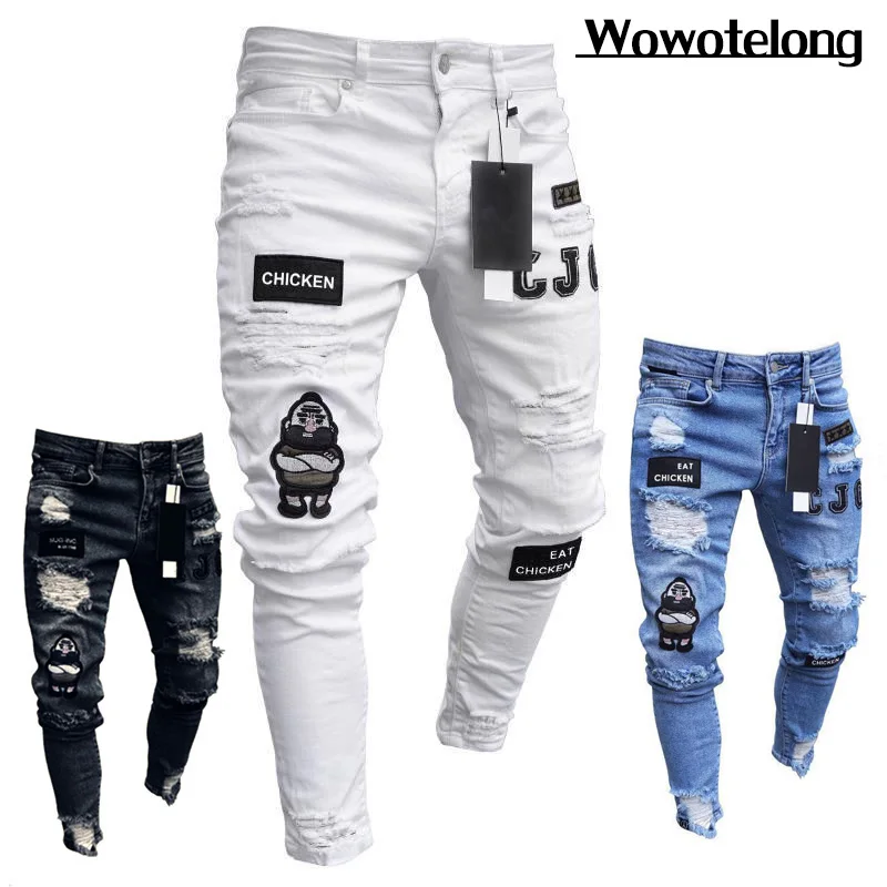 Men Jeans Knee Hole Ripped Stretch Skinny Denim Pants Solid Color Black Blue Autumn Summer Hip-Hop Style Slim Fit Trousers S-4XL