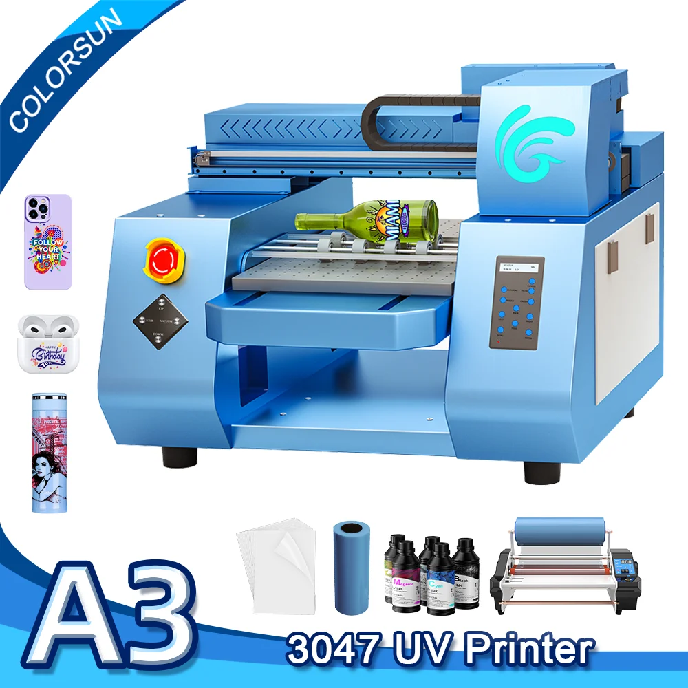 Colorsun A3 UV DTF Printer XP600 UV DTF Printing Machine UV DTF Sticker Printer for Phone Case Cylinder Bottle Metal Acrylic