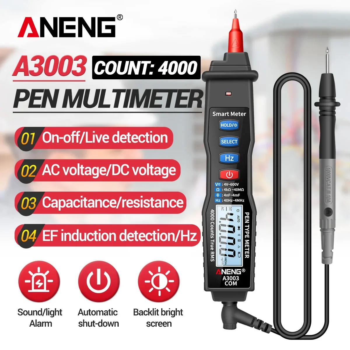 

ANENG A3003 Portable Multimeter 4000 Counting AC/DC Voltage Resistance On/Off Beep NCV Zero Wire Detection Electrical Instrument