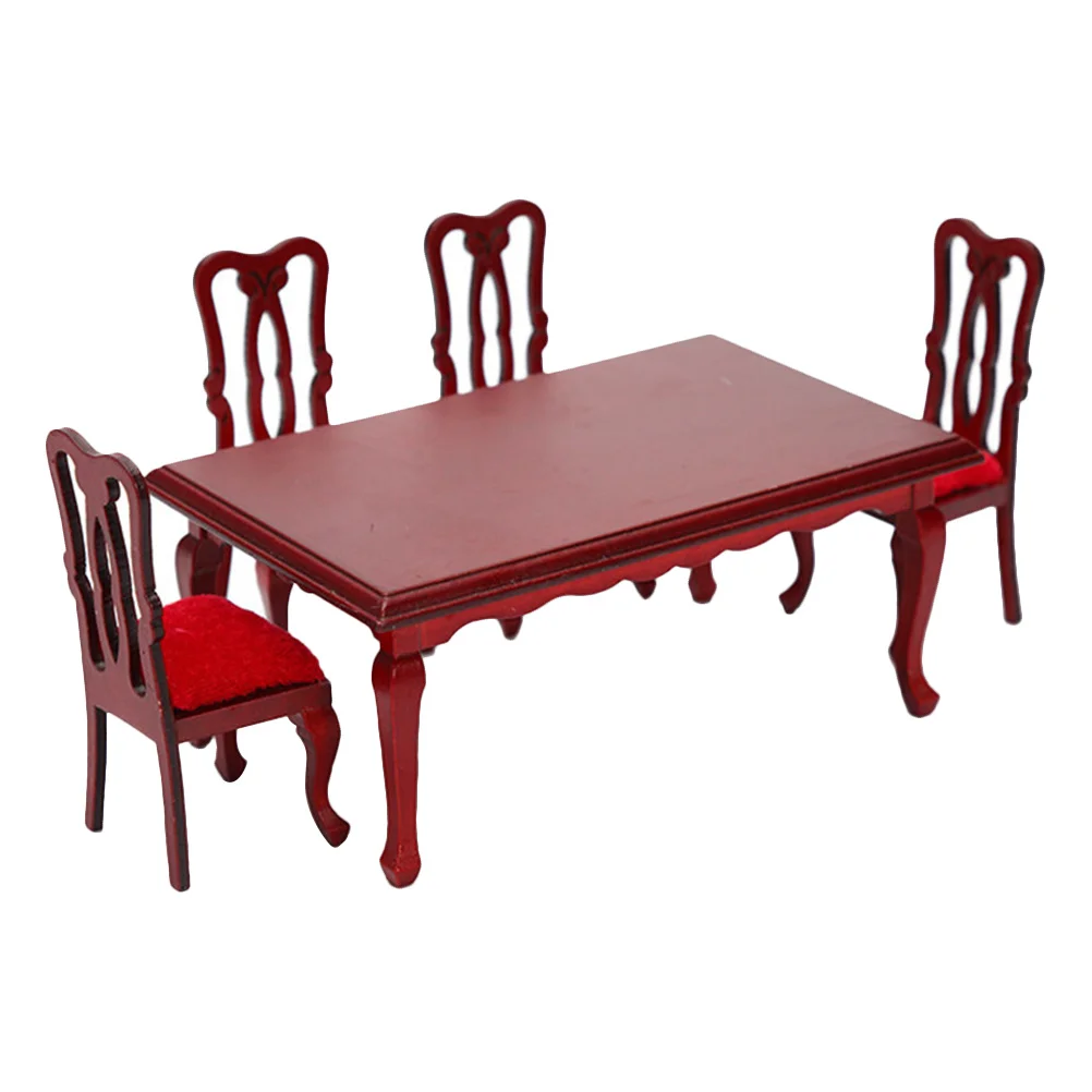 Mini conjunto de cadeiras de jantar de madeira, móveis para casa de bonecas, mesa de brinquedo, decorações vermelhas para crianças, acessórios de cozinha em miniatura para sala de jogos
