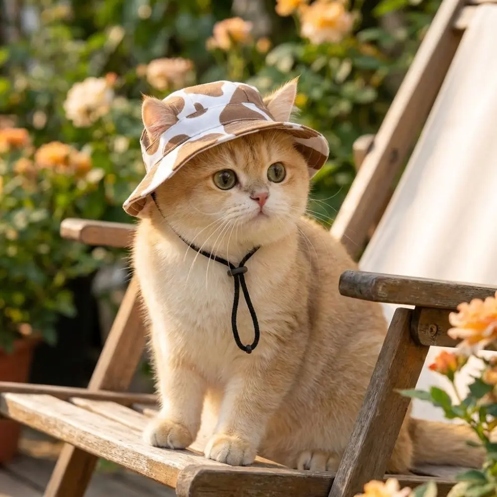 Breathable Cat Dog Sun Hat with Ear Holes UV Protection Pet Bucket Hat Lightweight Adjustable Drawstring Pet Cowboy Hat