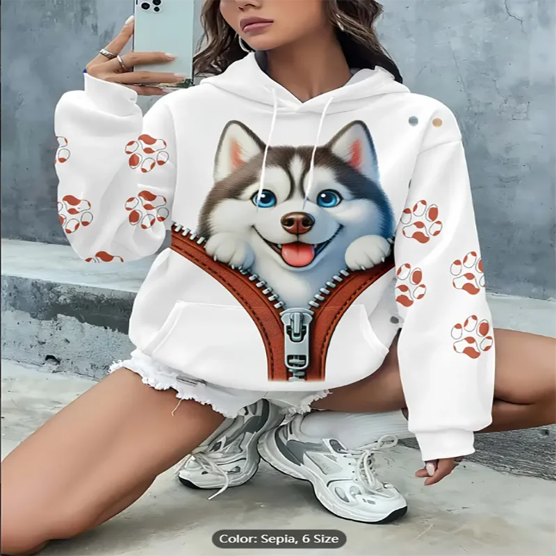 

Cute Dog Print Hoodie for Women Casual White Pullover with Drawstring Kangaroo Pocket Polyester Machine Washable Perfect Gift