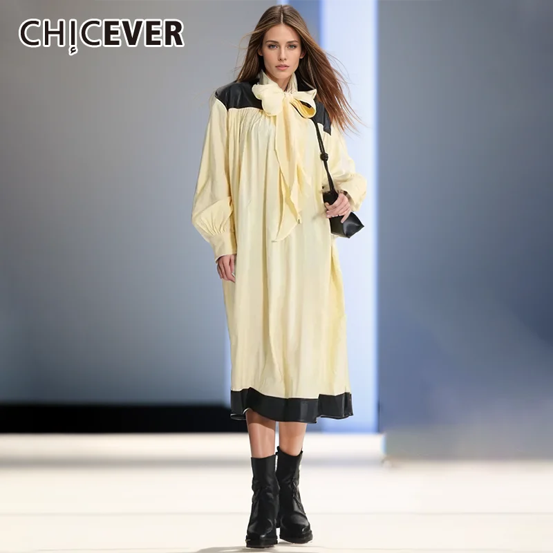 

CHICEVRE Hit Color Dresses For Women Stand Collar Long Sleeve High Waist Patchwork Lace Up Casual Dress Female Summer Clothing