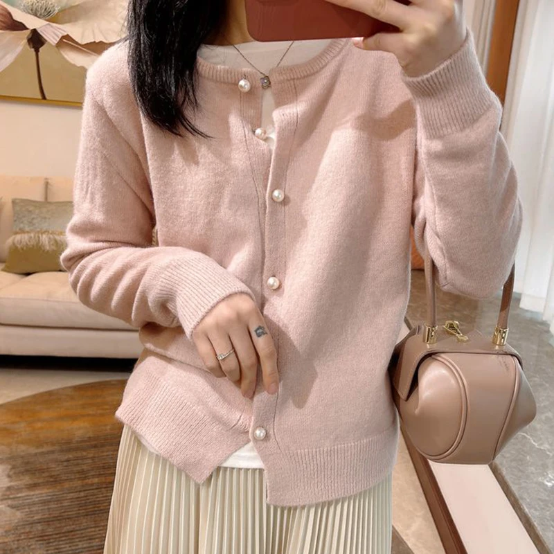 Rimocy Sweet Pink Knitted Sweater Women Korean O-Neck Long Sleeve Knit Cardigan Woman 2024 Button Up Solid Color Jumper Female