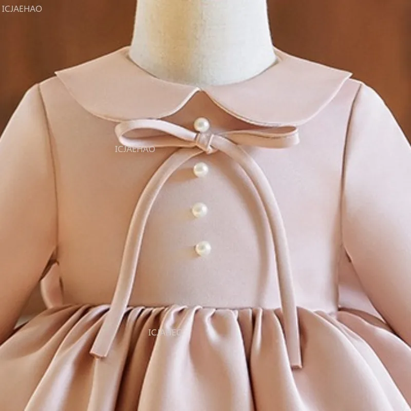 New Girls Pink Satin Birthday Party Dress Children Princess Reception Formal Wear Clothes Ball Gown Baby Host Pageant Evening