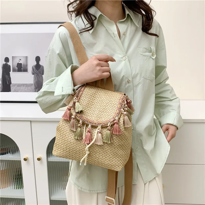 Women Straw Shoulder Backpack with Tassel Boho Summer Beach Leather Woven Bucket Purse School Bag Holiday Ladies Girl Daypack