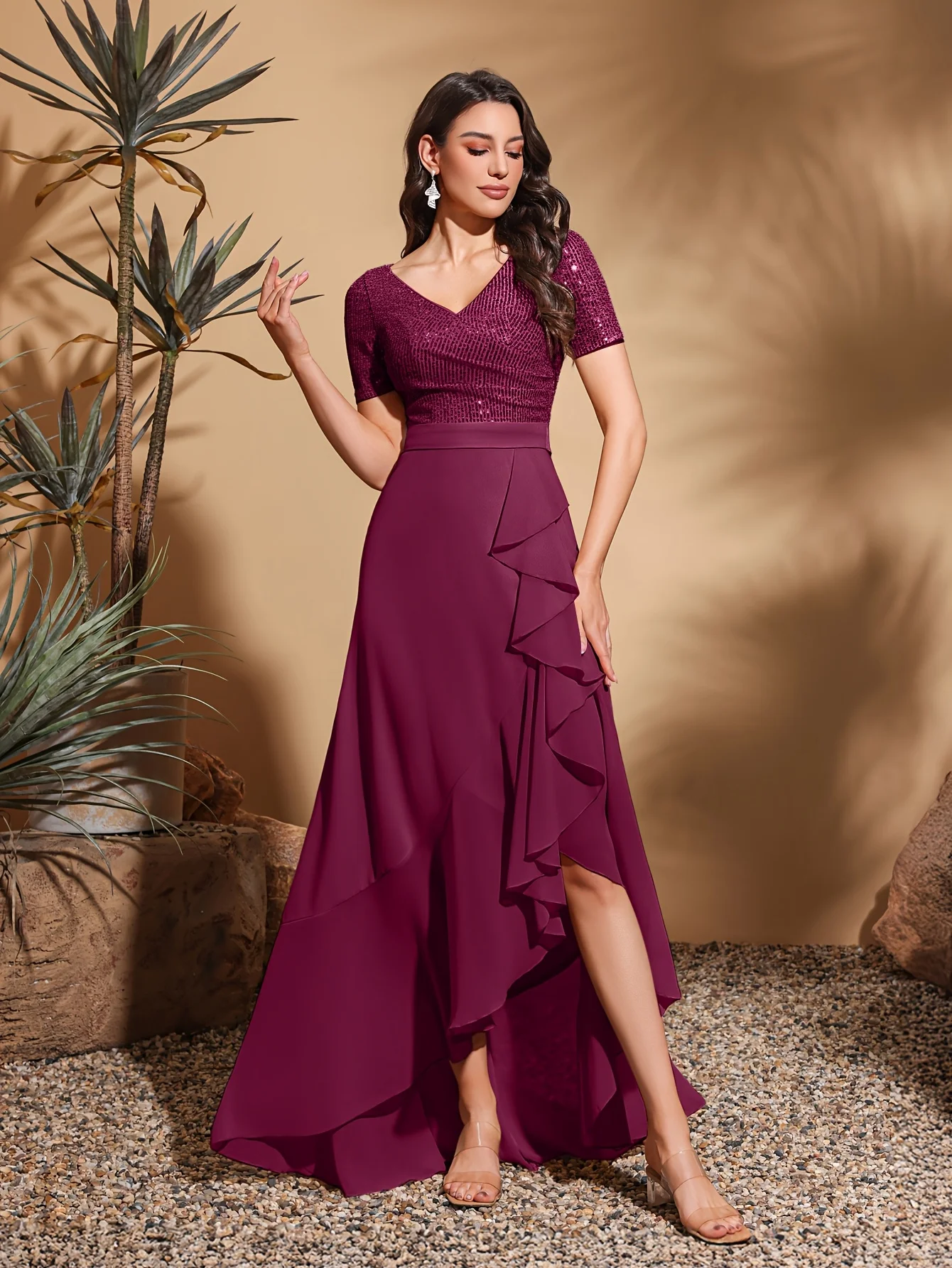 V-neck short-sleeved sequined chiffon pleated asymmetrical hem dress