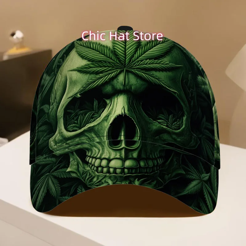 Green Skull & Foliage Print Funky Duckbill Cap - Lightweight Adjustable Crouch Position for Casual Wear, Outdoor Activities & Th