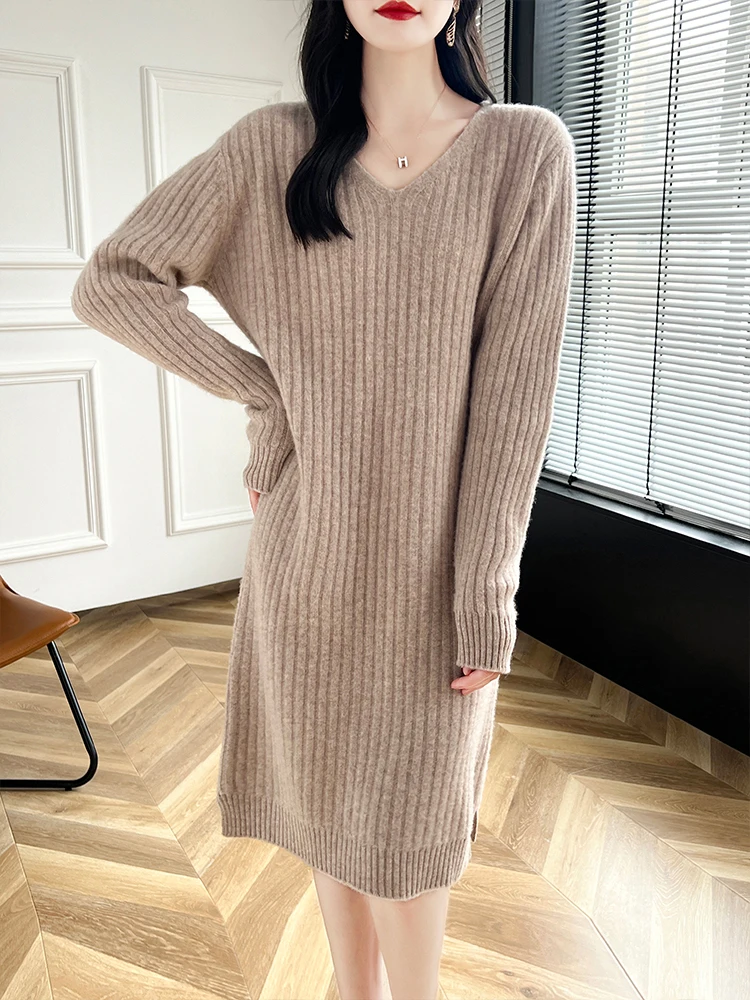 

Classic Autumn Winter Women 100% Merino Wool Sweater Striped V-Neck Knitted Pullover Casual Basics Loose Cashmere Clothing Top