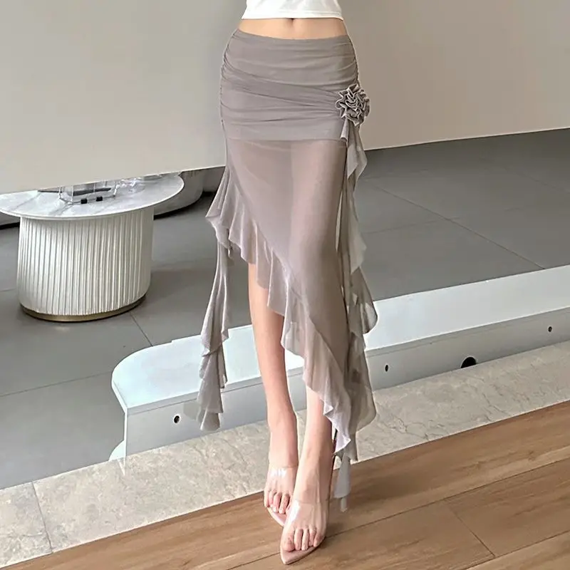 Haze Gray High-end Temperament Goddess Pleated Lotus Leaf Edge Splicing High Waist Slimming Irregular Half Skirt Female Trend