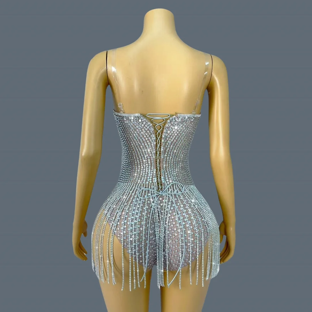 Shine Silver Rhinestone Bandage Bodysuit Nightclub Party Gig Stage Outfit Dance Show Leotard Event High-quality Wear Manxinglian