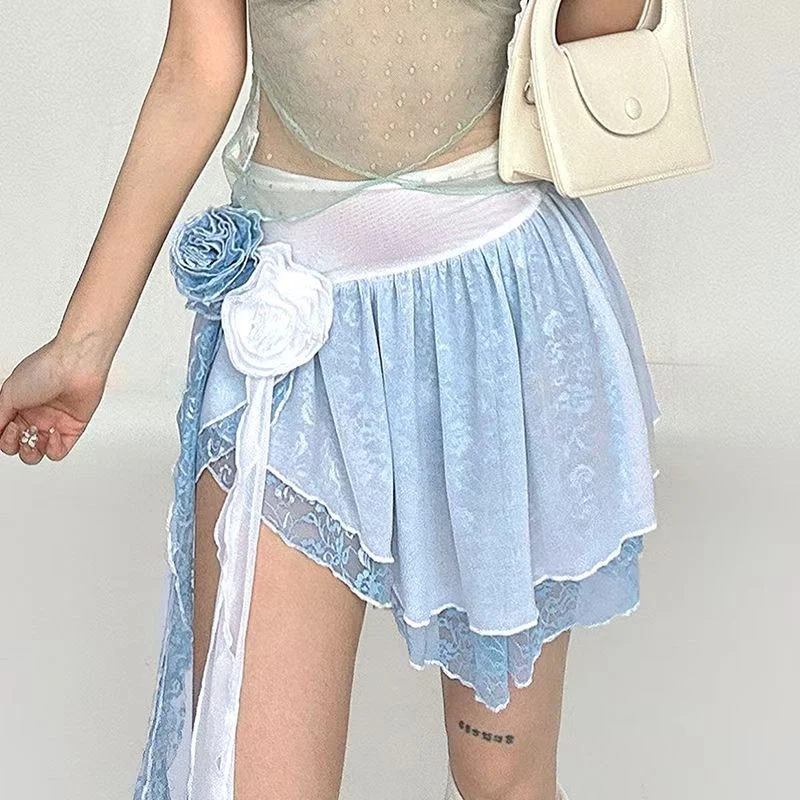 Y2k تنورة نسائية صيف 2025 جديدة في الموضة الكورية العتيقة تنورة هاراجوكو السراويل ملابس امرأة أبيض أزرق Kawaii تنورة صغيرة