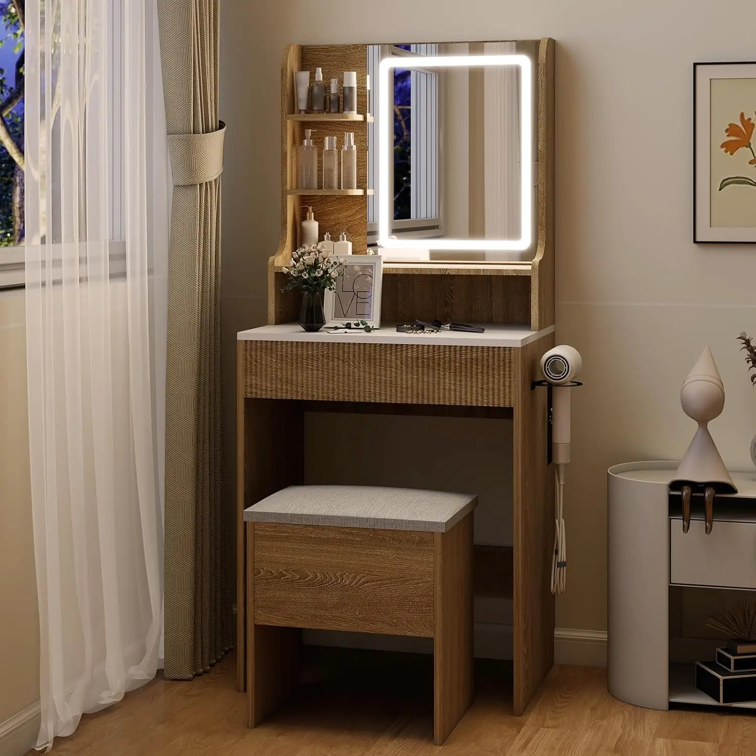 i*-Fluted Makeup Vanity Desk with Mirror and Lights, 24