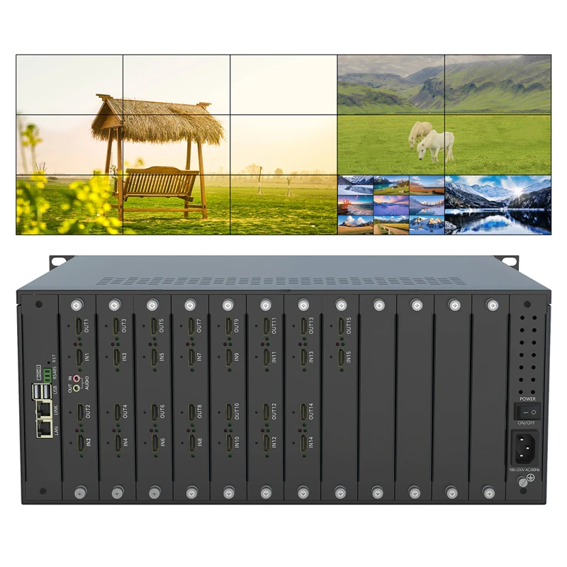 

Матричный коммутатор 15x15 4K с графическим сетевым интерфейсом, функциями сращивания 3x5 и 5x3, отображения окон и масштабирования