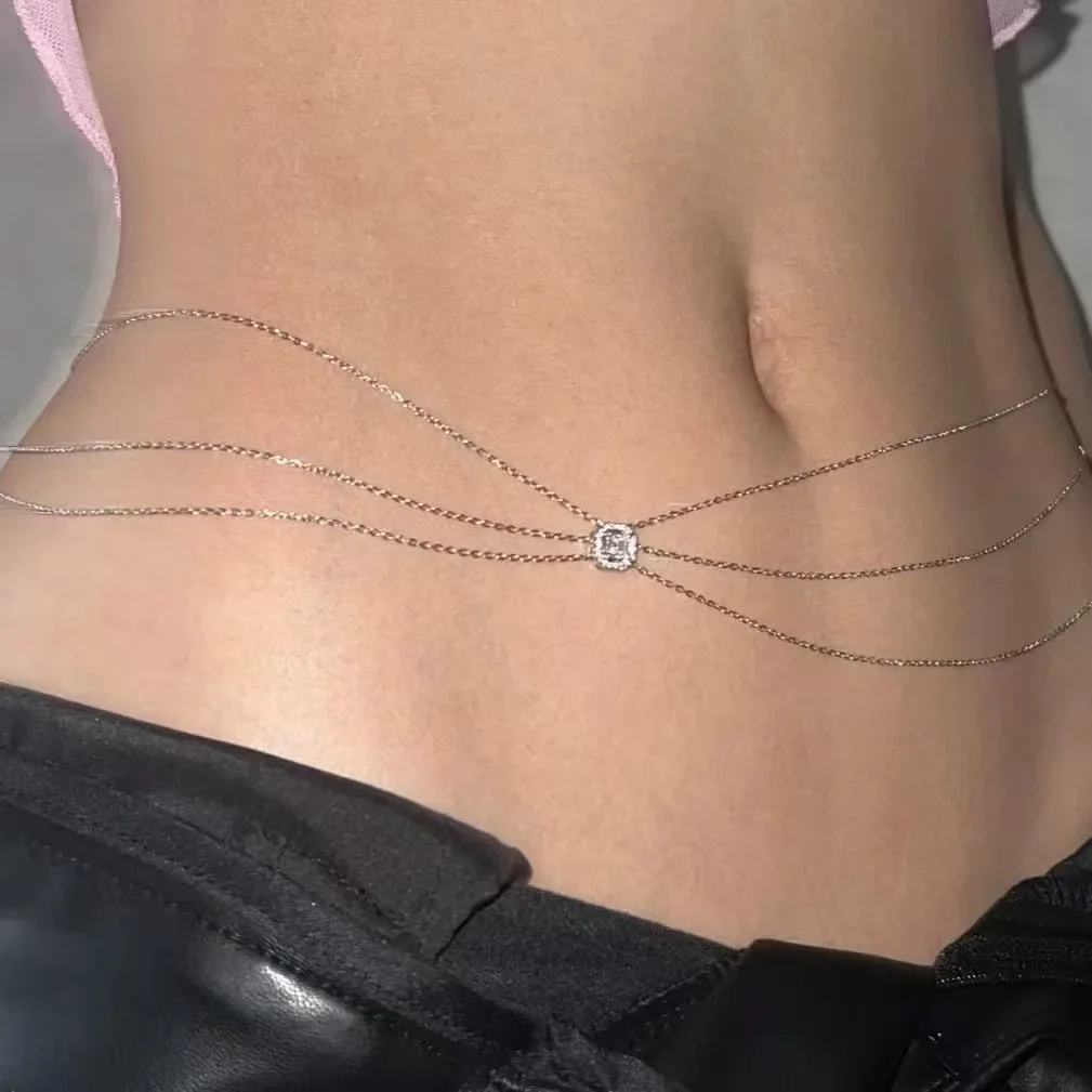 Dainty Multi Tiered Waist Chain Square Crystal Centerpiece Low Rise Belly Accent Jewelry Trendy Summer Festival Outfit Charm