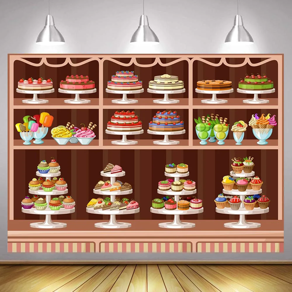 Sweets Bakery Candy Cake Shop Backdrop Cartoon Lollipop Pizza Shelve Dessert Background for Baby Girl Boy Birthday Party Decor