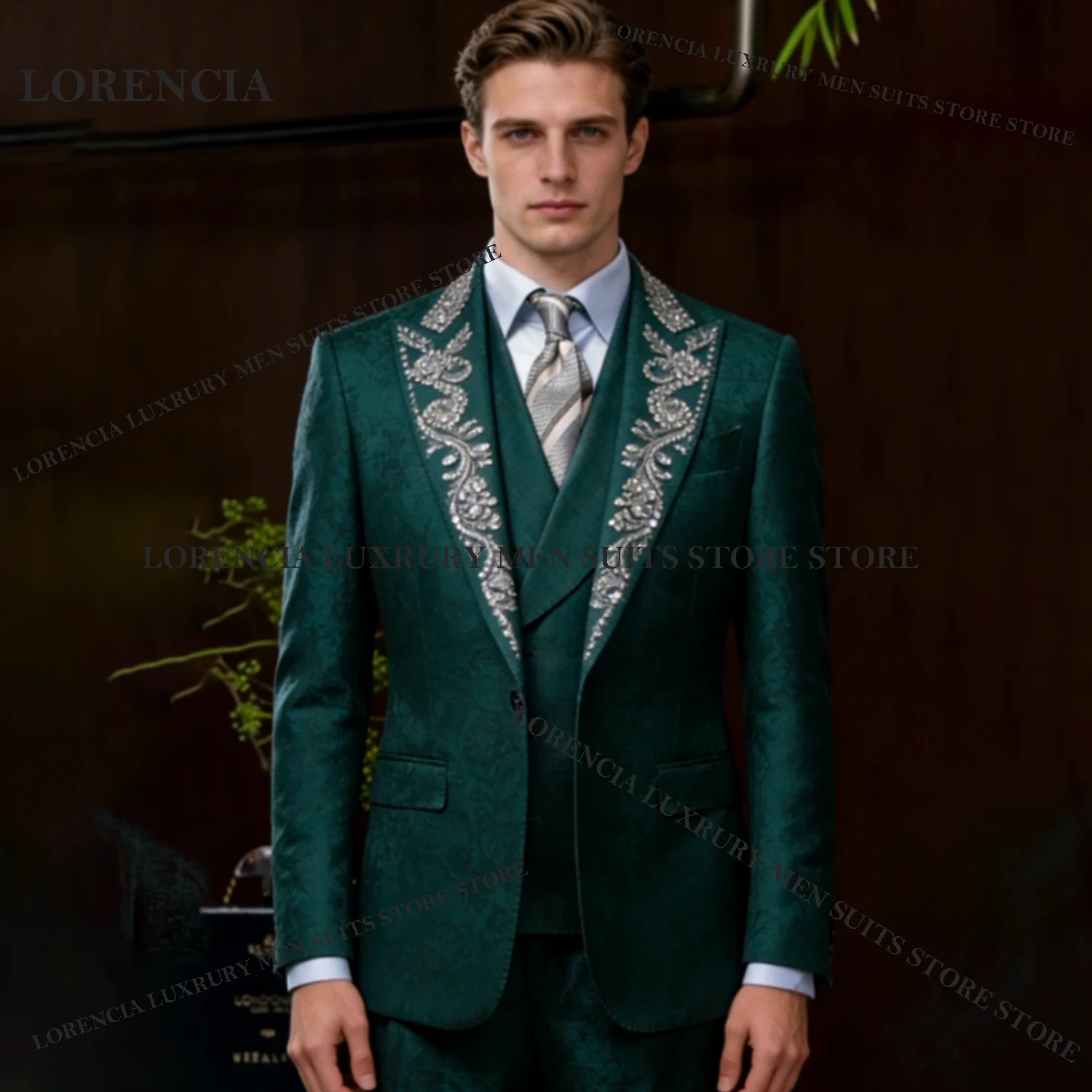 

Customized High End Jacquard Men suits For Wedding Groom Sequin Diamond Male Prom Party Fashion Blazer 3 Pieces Set Tuxedos Slim