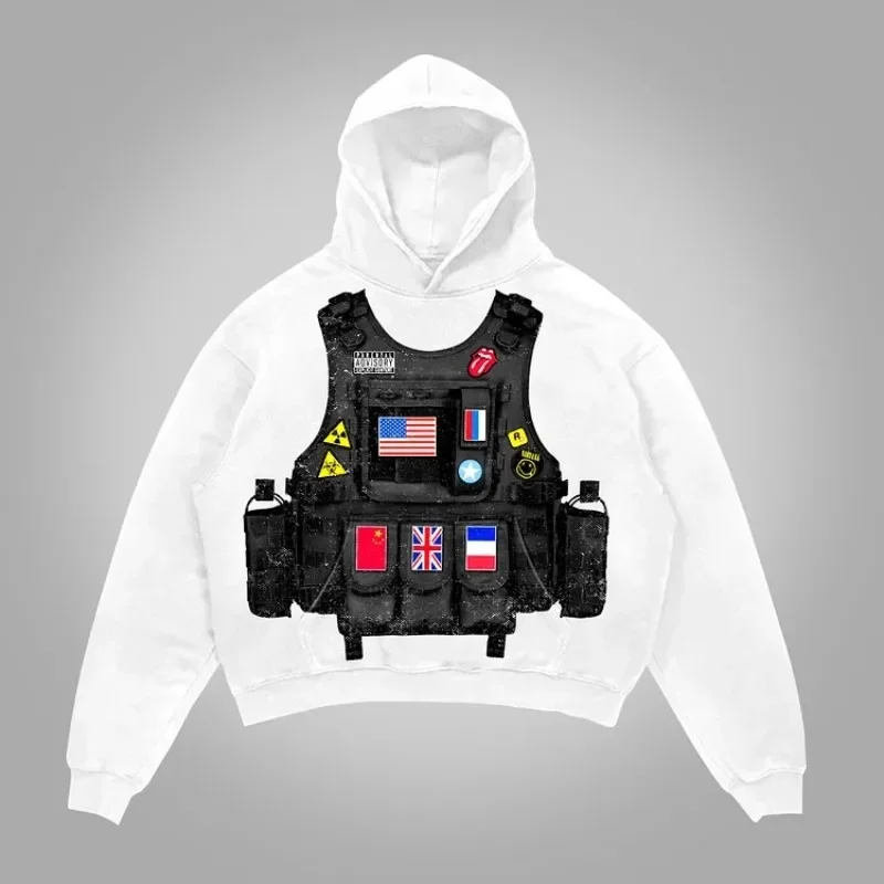 2024 Hoodie Men's Y2K Casual Oversized Sweatshirt Streetwear Women's Tops Logo Flag Bulletproof Vest Graphic Pocket Print Top