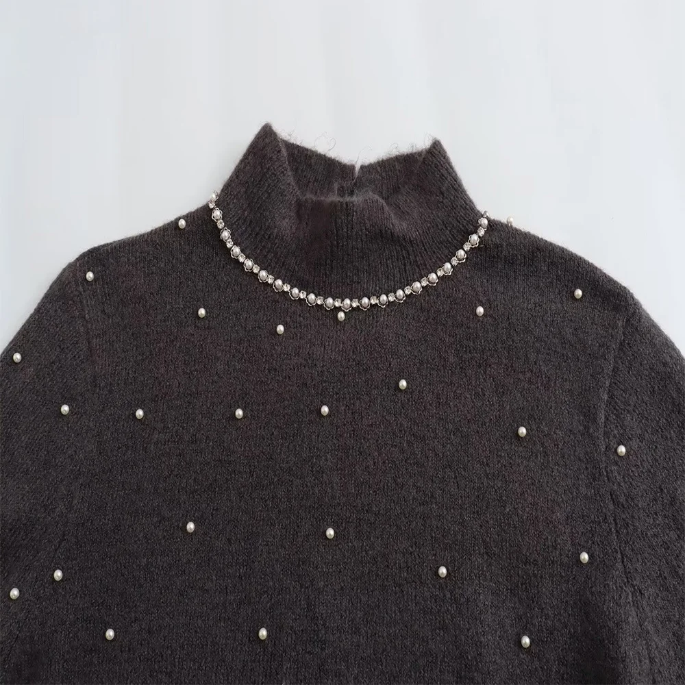 ZATT 2024 Autumn New Collection Fashion Casual Elegant Luxurious High Collar Artificial Pearl Diamond Design Women Knit Sweater