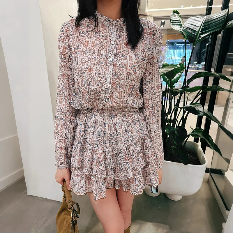 

Early Autumn Floral Print Long Sleeve Shirt Women's Lightweight round Neck Blouse Skirt Set Cotton Fabric Summer Collection